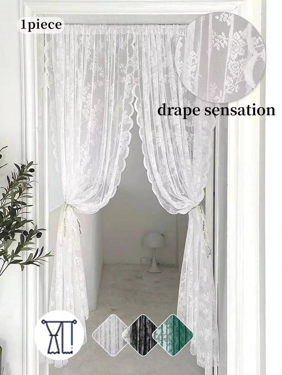 1pc Solid Color Lace Sheer Curtain Panel, Lightweight & Transparent, With Floral Edge, For Living Room, Bedroom, Balcony, Decorative Divider Curtain Gifts Birthday Graduation