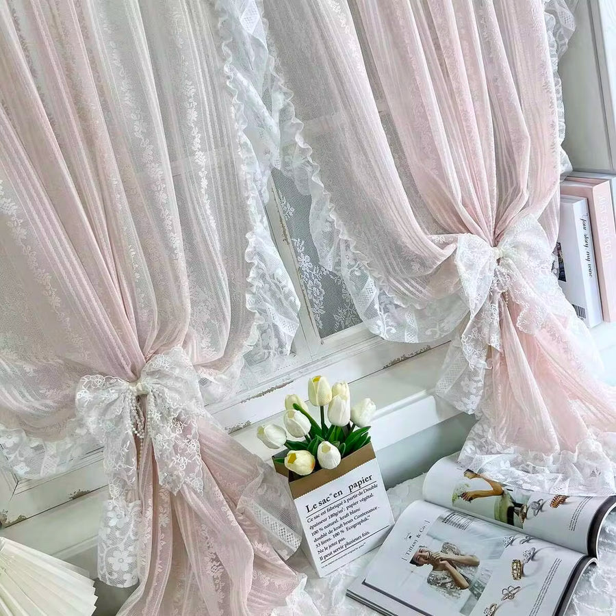 2PCS French Princess Lace Tulle Curtains For Bedroom, Striped Floral Pink Lace Sheer Curtains, Window Home Decoration