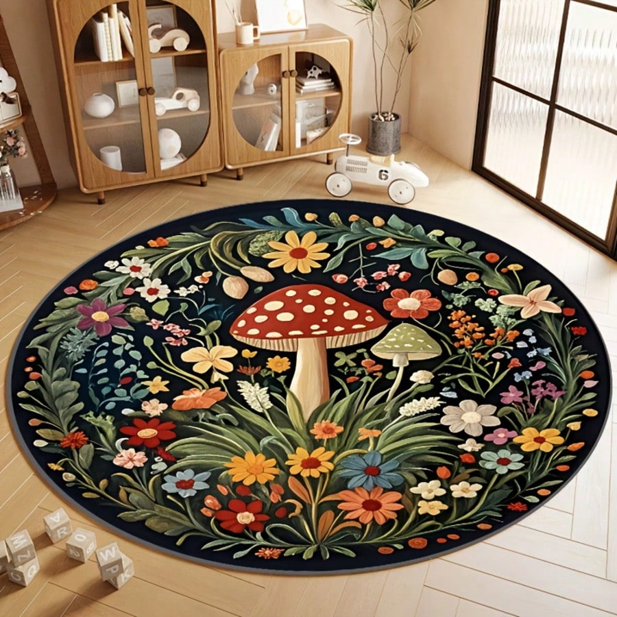 Bohemian Style, Cartoon Mushroom & Flower Pattern, Round Rug, Soft Velvet Material, Machine Washable, Suitable For Entryway, Living Room, Study, Closet, Hallway, Sunroom, Patio, Outdoor Camping, Picnic And Home Decor