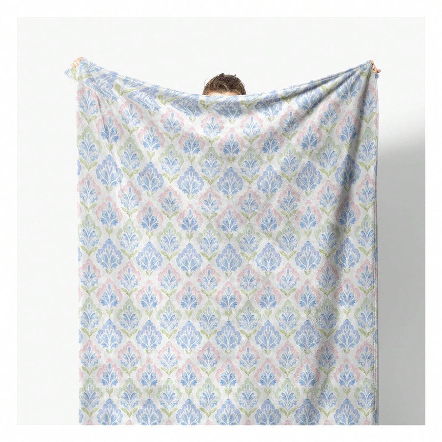 Pink And Blue Floral Blanket, Pastel Grandmillennial Flower Decorative Throw Blanket For Couch Bed Sofa, Grand Millenial Flower Throw Blankets For