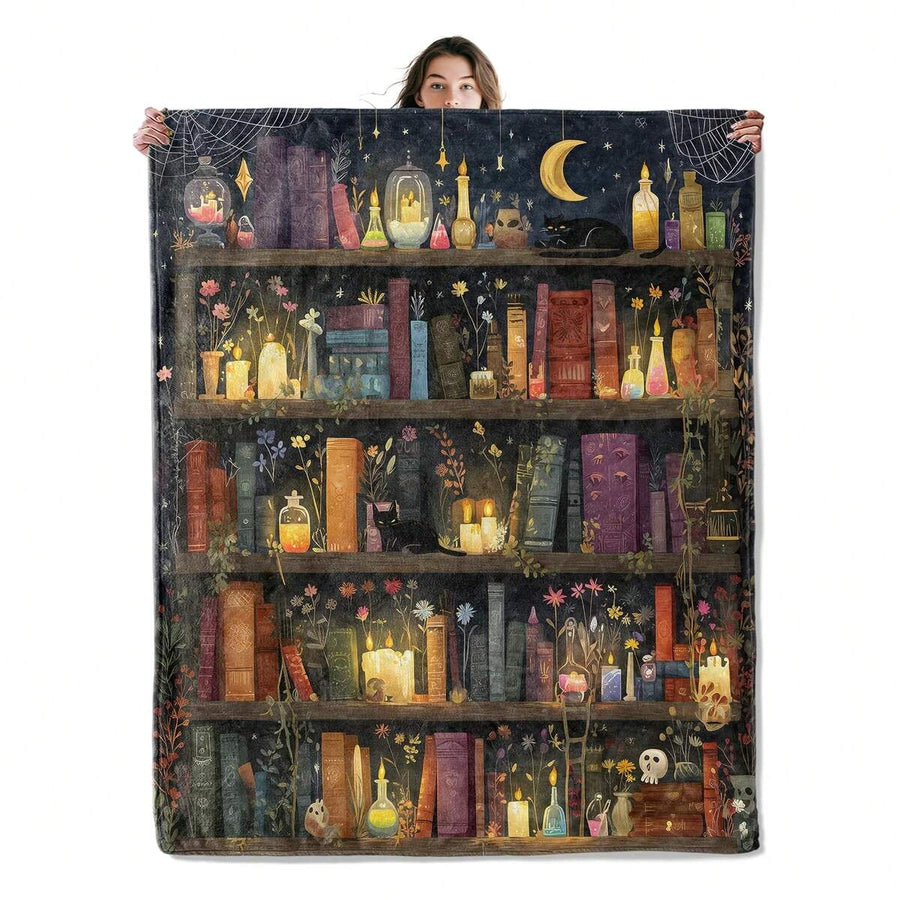 Bookshelf Throw Blanket Soft Cozy Lightweight Flannel Blankets With Black Cat Candle Book Moon Star Dark Background Printed For Magic Lovers Bedroom Dorm Office Home Decor Gifts 50x60 Inch, Soft Flannel Blanket - Multiple Sizes, Cozy Must-Have