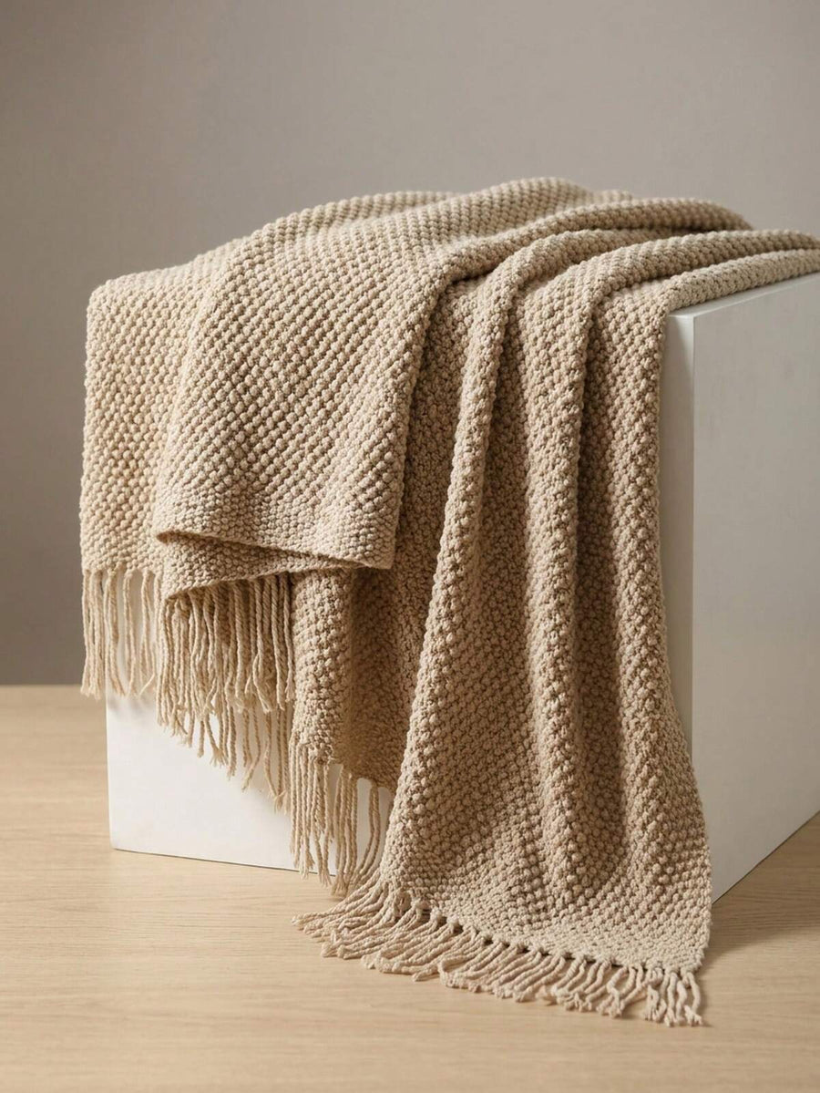 1pc Solid Color Knitted Throw Blanket With Tassels, Soft Textured Woven Blanket For Couch Sofa Bed Living Room Home Decor