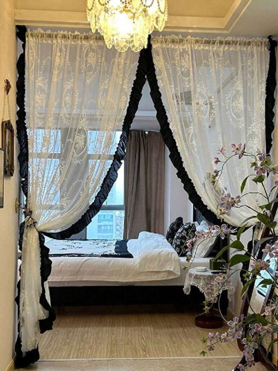 1pc Vintage Rococo Style Black Ruffled Lace Edged Curtain Panel For Bedroom, Living Room, Kitchen, High-End Sheer Drapery, Suitable For Home Decor, All Seasons