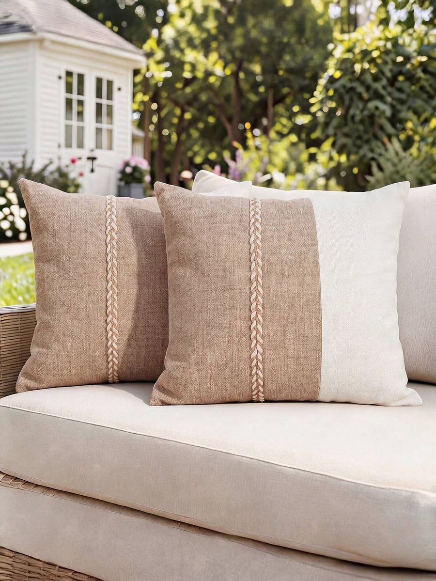 1pc/2pcs Bohemian Patchwork Pillowcase With Tassel Trim, Khaki And Beige Farmhouse Style, Neutral Tone Sofa Cushion Cover, Bedroom Living Room Home Decor (Pillow Insert Not Included)